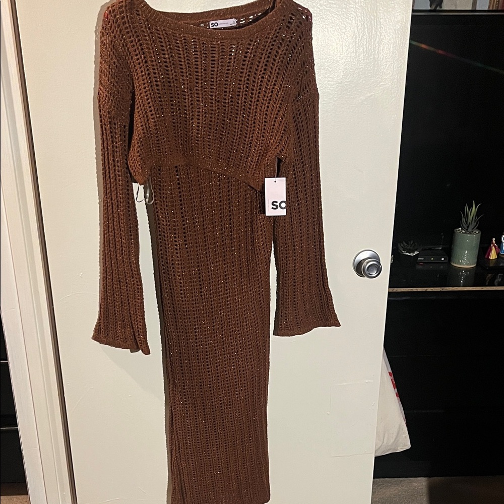 SO Brown Open-Knit Long Sleeve Maxi Dress